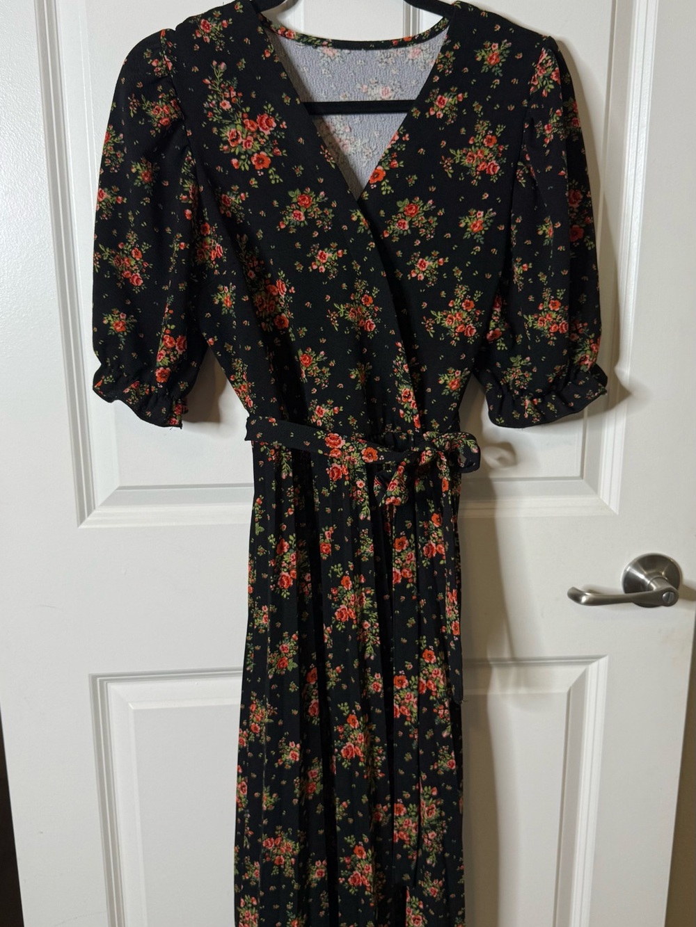 Black Floral Wrap Maxi Dress with Puff Sleeves